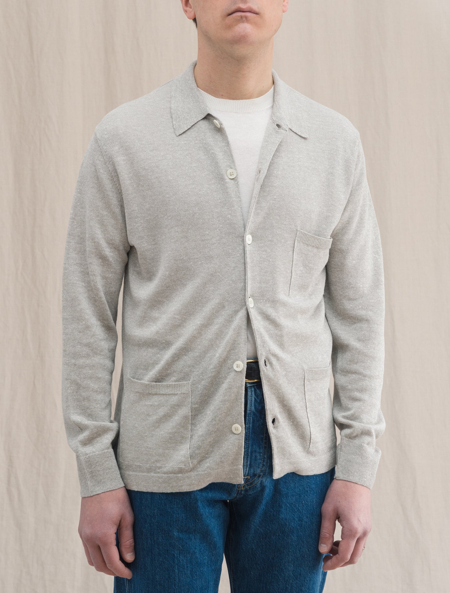 Knitted Linen Cotton Shirt Cardigan Greige Morgano Knitwear 46