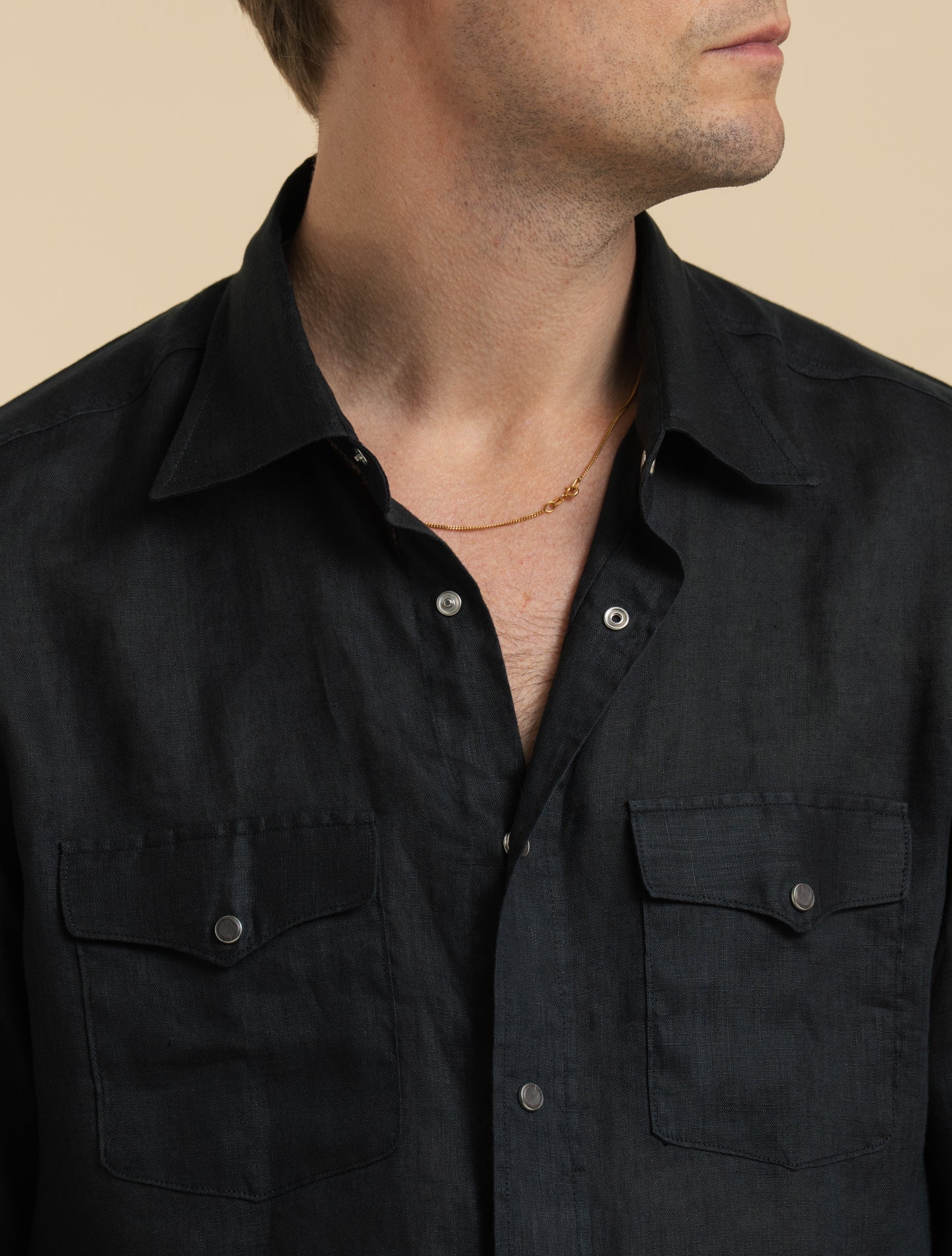 Linen Snap Button Shirt Black Mazzarelli Shirts 38
