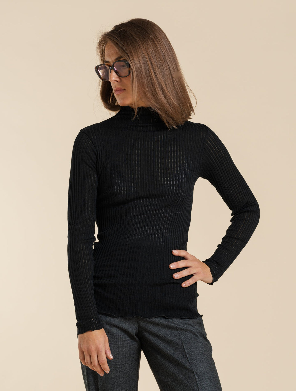 Long Sleeve Wool Silk Mock Neck Top Black Oscalito Knitwear XS