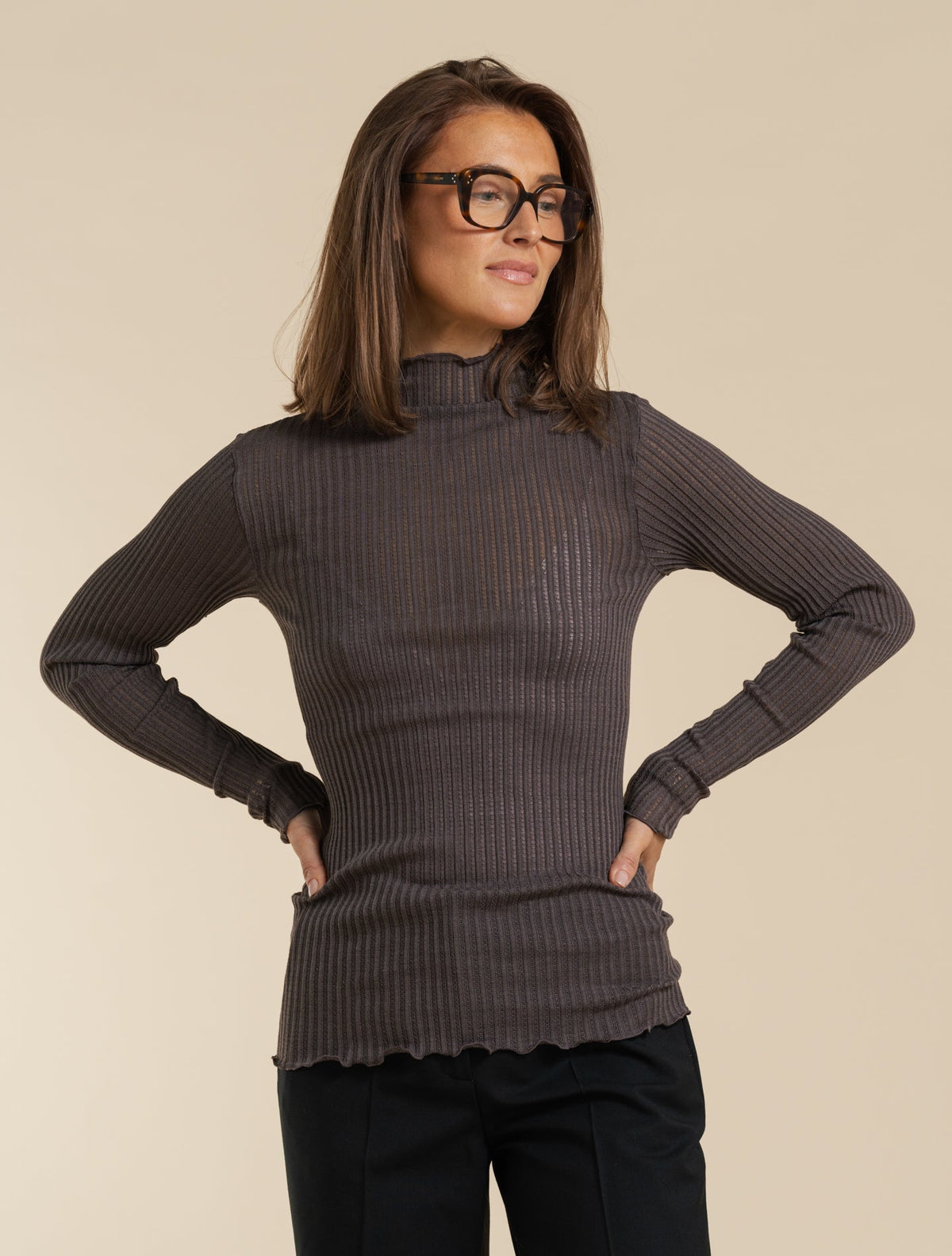 Long Sleeve Wool Silk Mock Neck Top Taupe Oscalito Knitwear XS