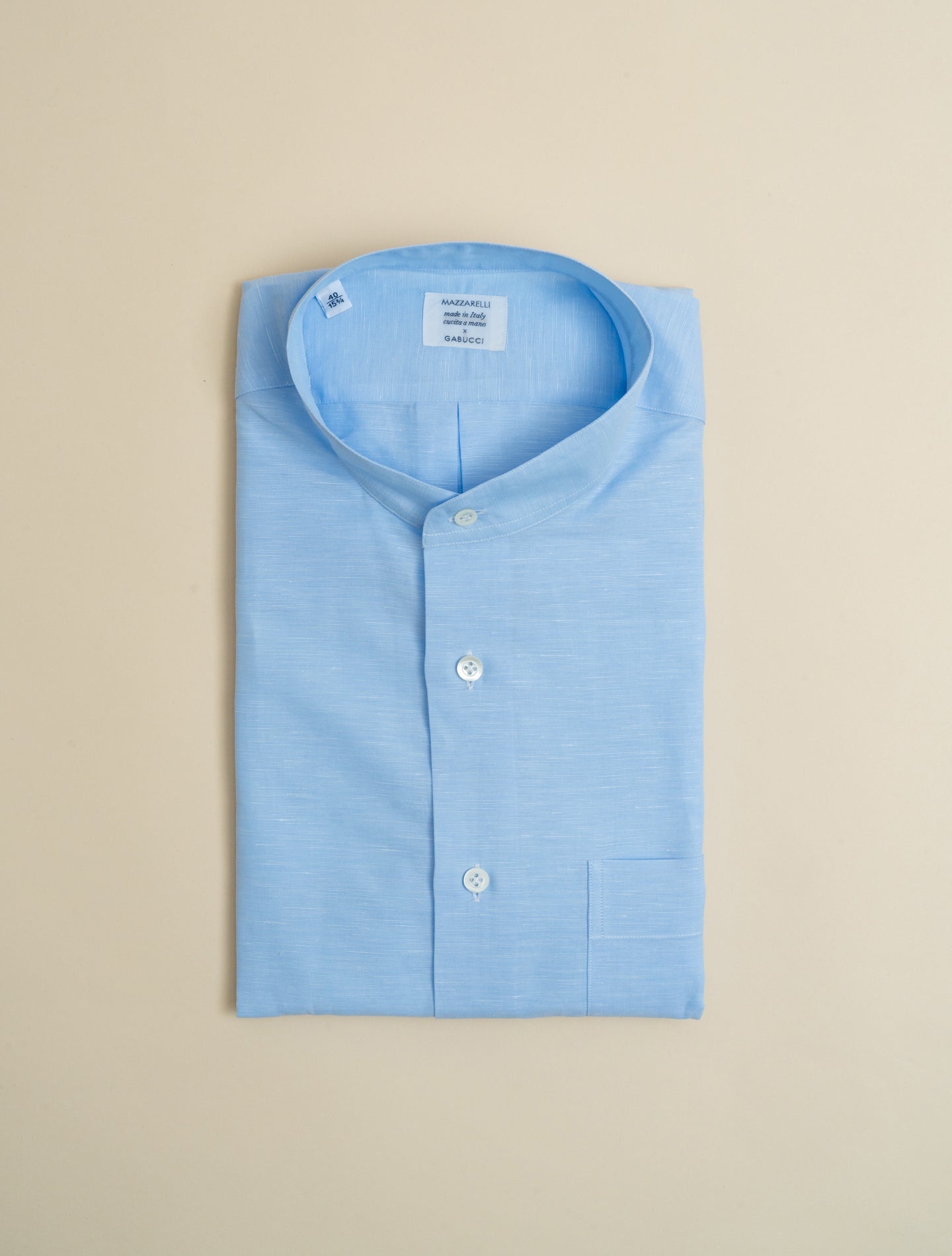 Mandarin Collar Cotton Linen Shirt Light Blue Mazzarelli Shirts 39