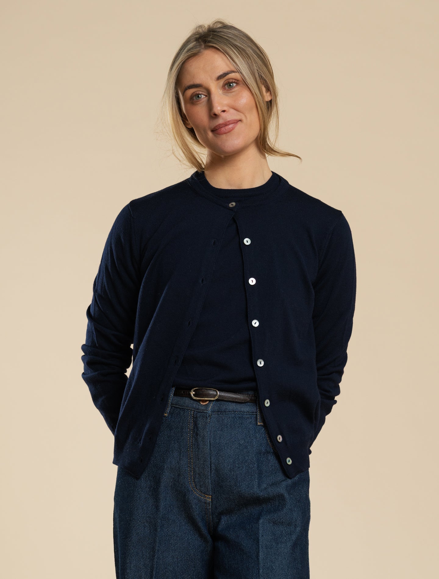 Merino Wool Cardigan Navy Morgano Knitwear IT 40