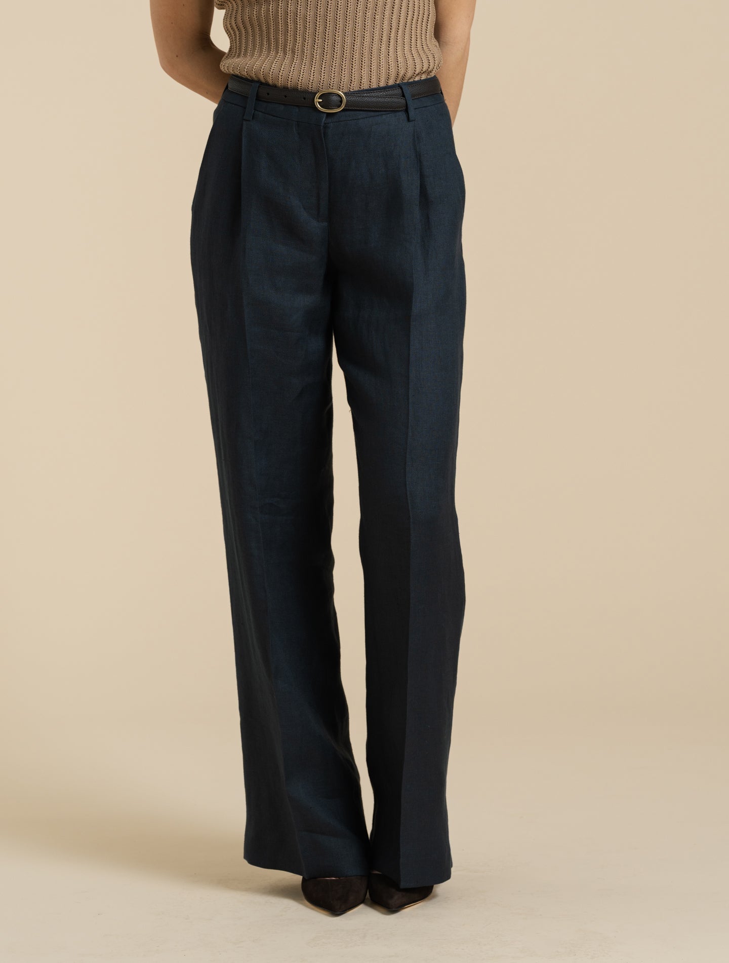 Pleated Straight Leg Linen Twill Trousers Navy Lardini Trousers IT 38