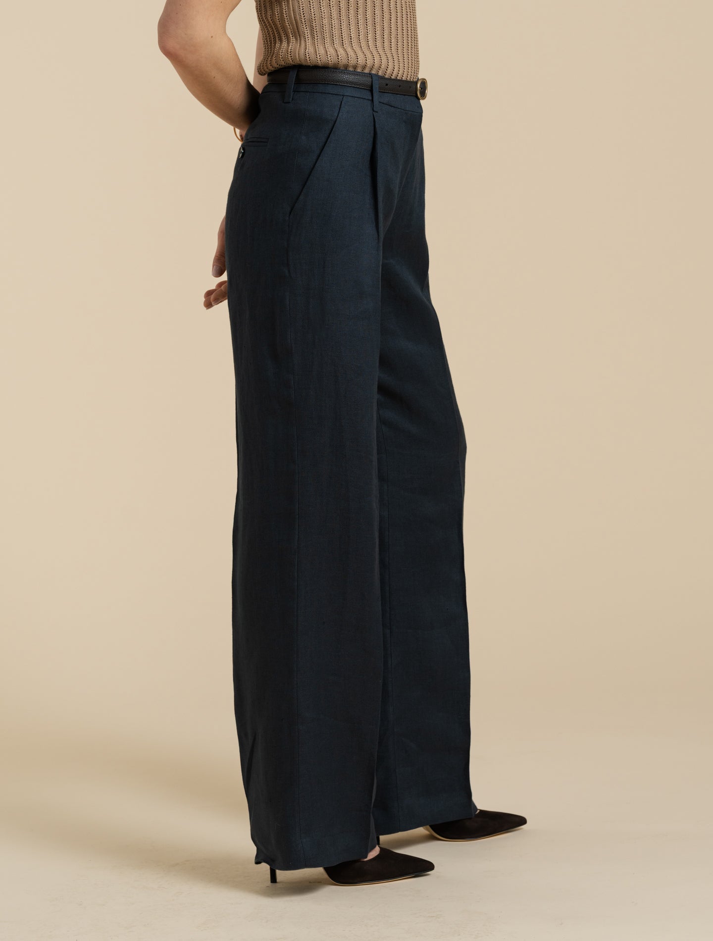 Pleated Straight Leg Linen Twill Trousers Navy Lardini Trousers IT 38