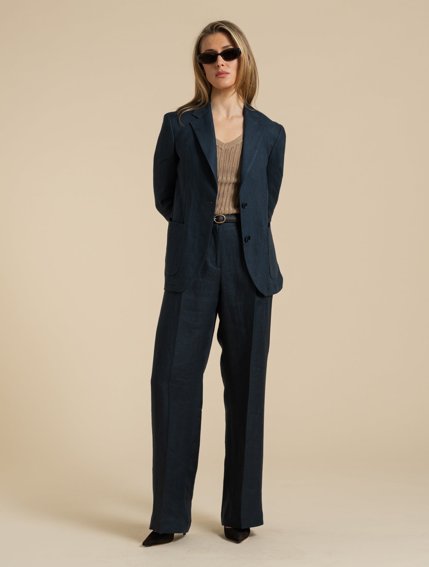 Pleated Straight Leg Linen Twill Trousers Navy Lardini Trousers IT 38