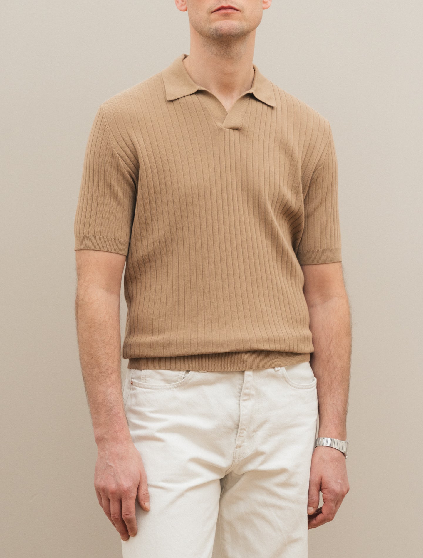 Rib - Knitted No Button Polo Shirt Beige Gabucci Polo shirts 48