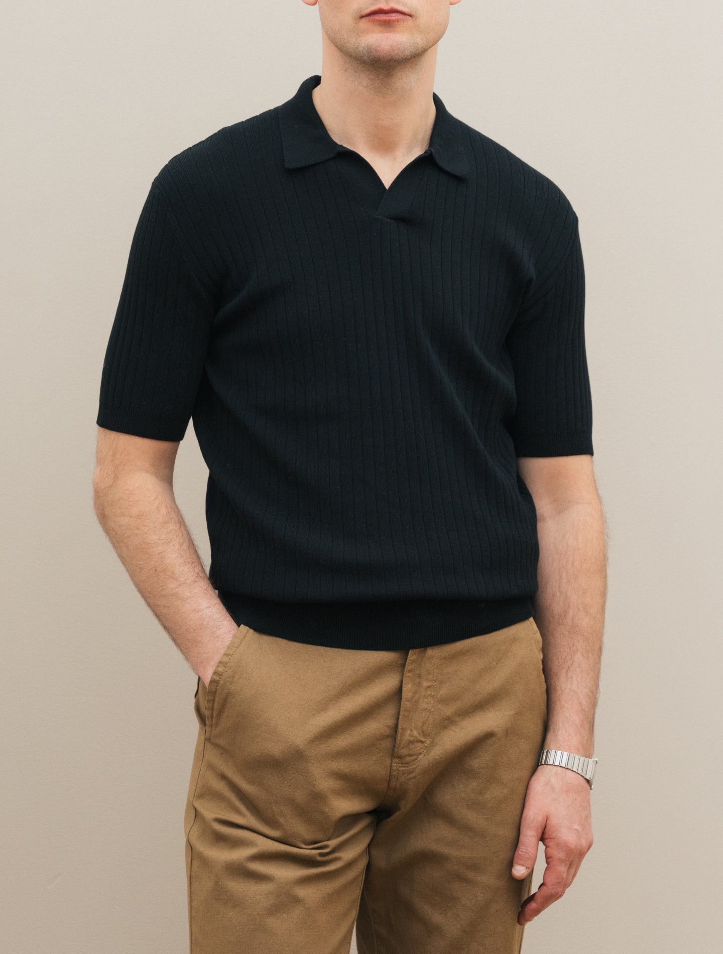 Rib - Knitted No Button Polo Shirt Black Gabucci Polo shirts 48