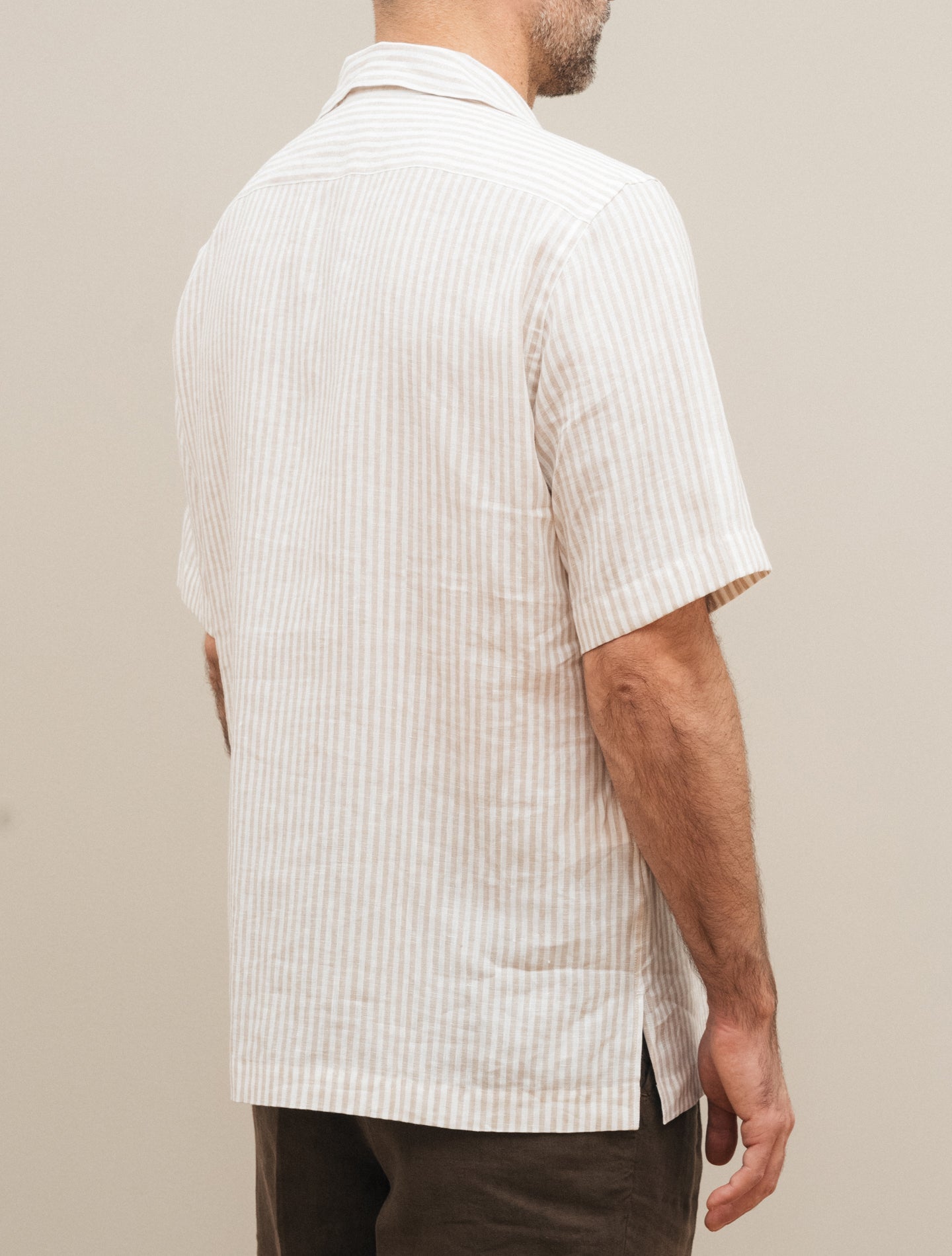 Striped Camp Collar Linen Short Sleeve Shirt Beige Lardini Shirts S