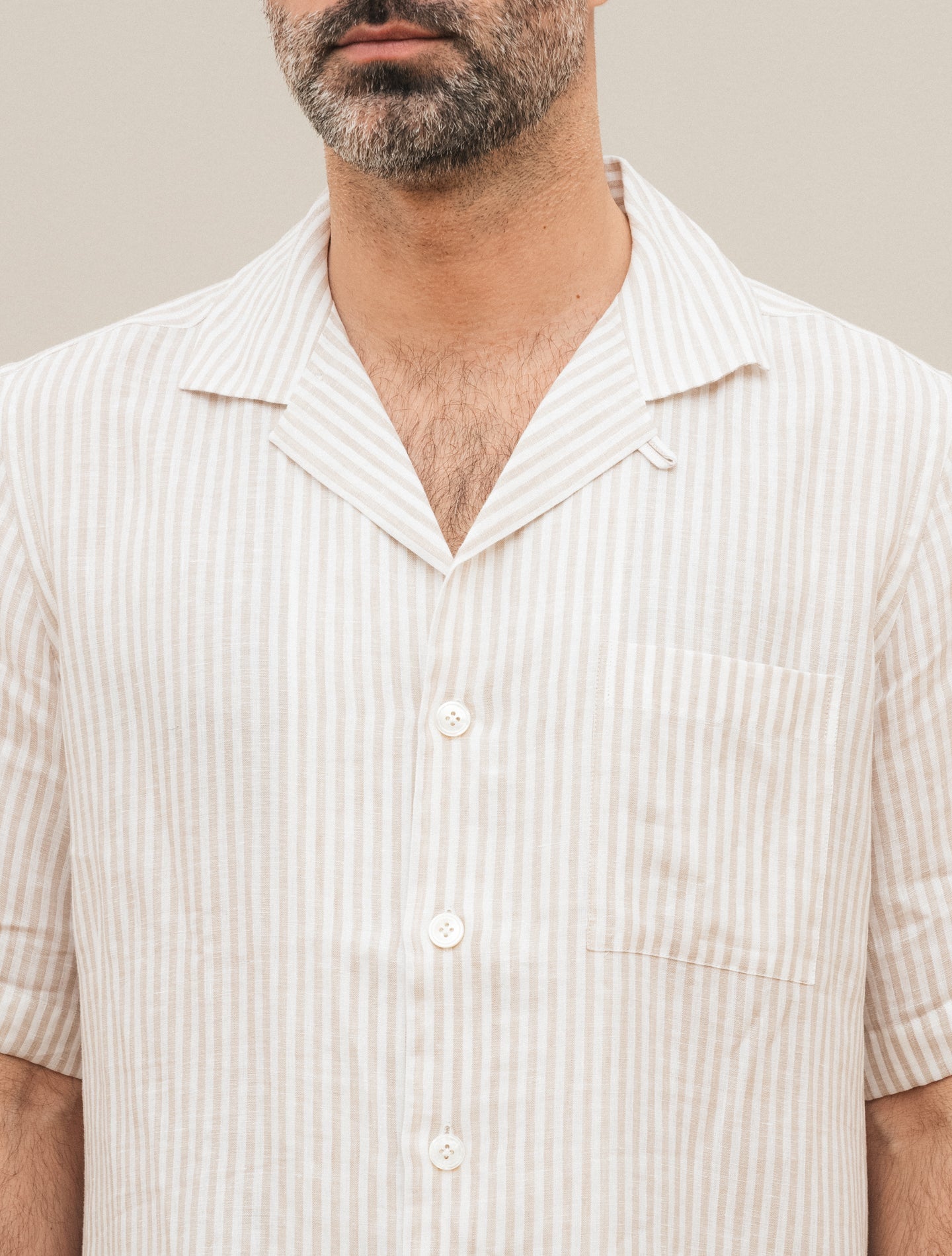 Striped Camp Collar Linen Short Sleeve Shirt Beige Lardini Shirts S