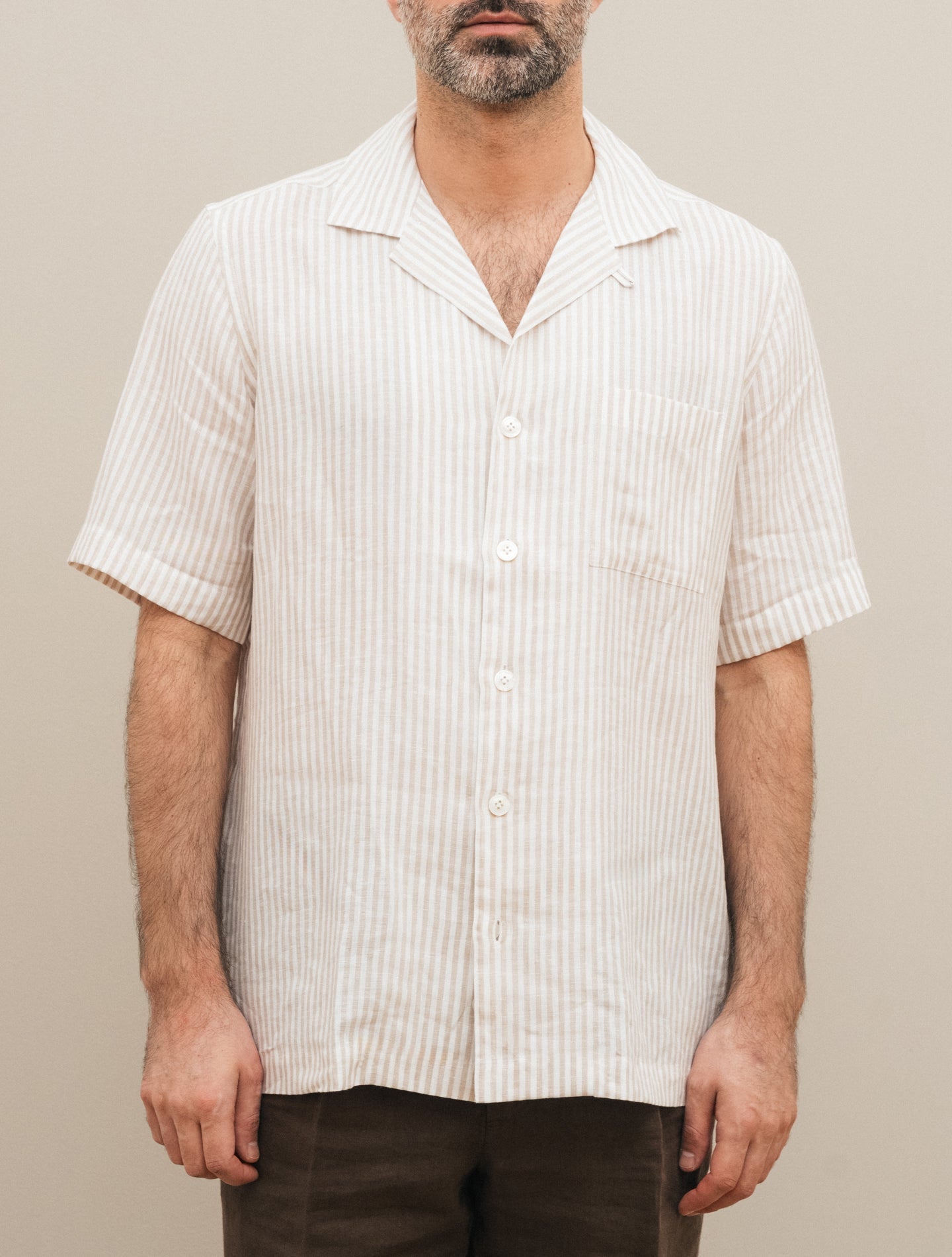 Striped Camp Collar Linen Short Sleeve Shirt Beige Lardini Shirts S
