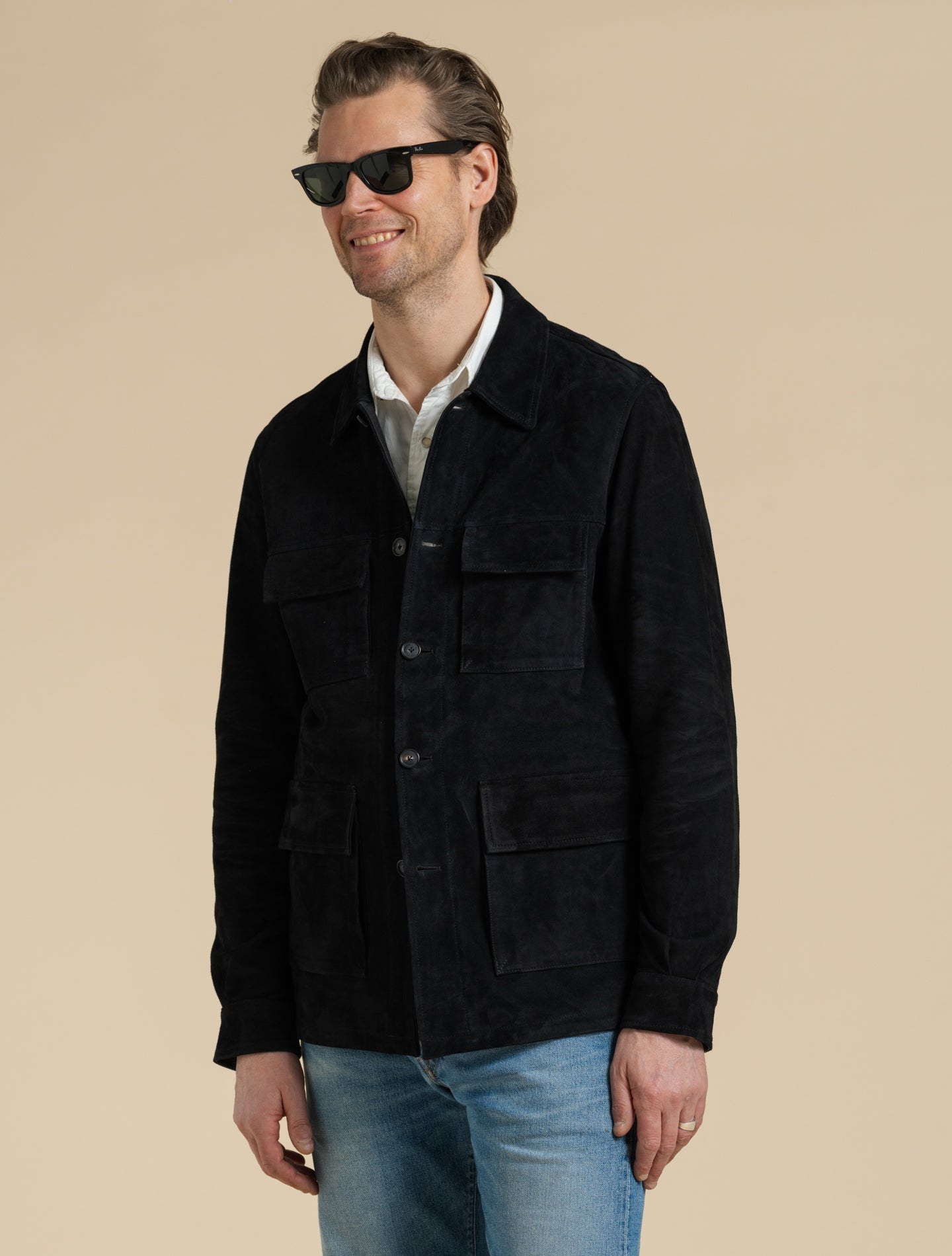 Suede Field Safari Jacket Navy Manto Outerwear 48