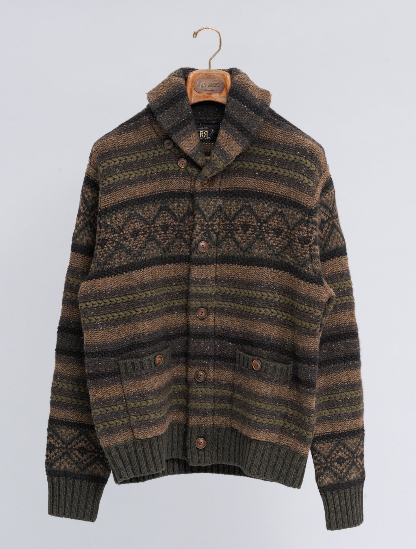Wool - Cotton Shawl Collar Cardigan Brown Multi RRL Knitwear L