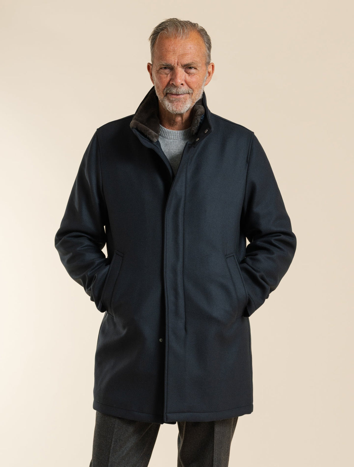 Wool Twill Eco Fur Carcoat Navy Herno Outerwear 48