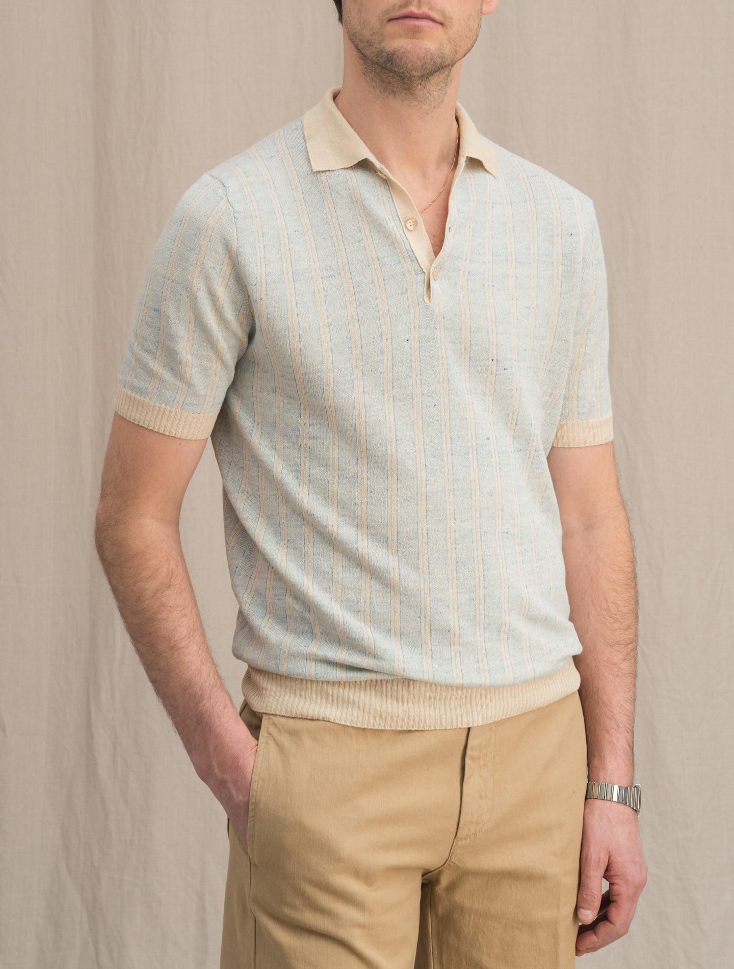 Striped Linen Cotton Polo shirt Light Blue Aspesi Polo shirts 48