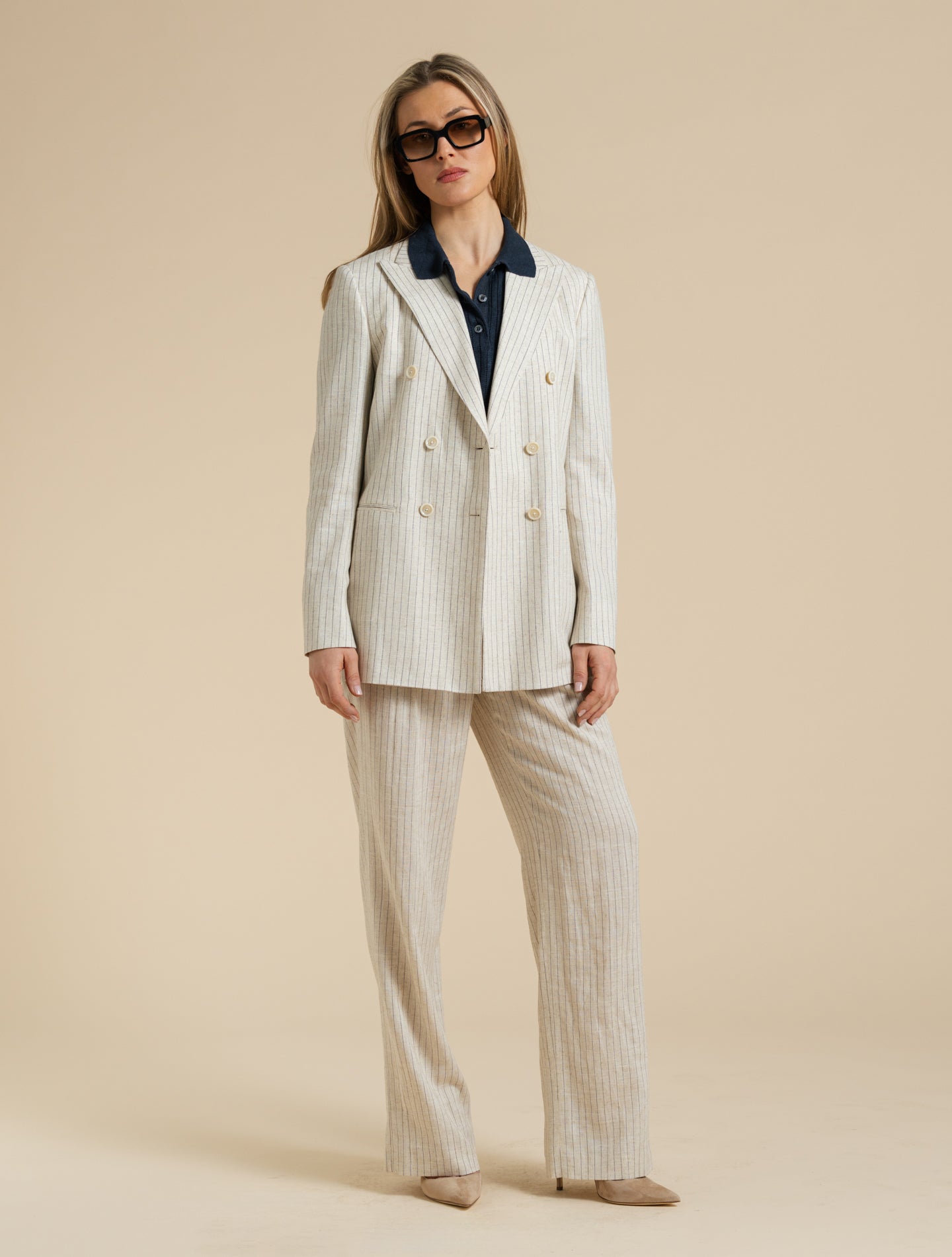 Pleated Pinstripe Linen Trosuers Sand