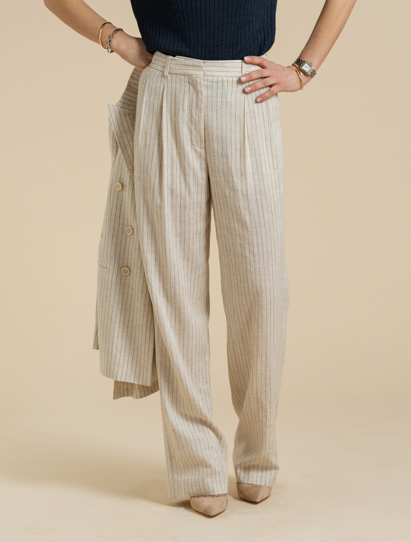 Pleated Pinstripe Linen Trosuers Sand