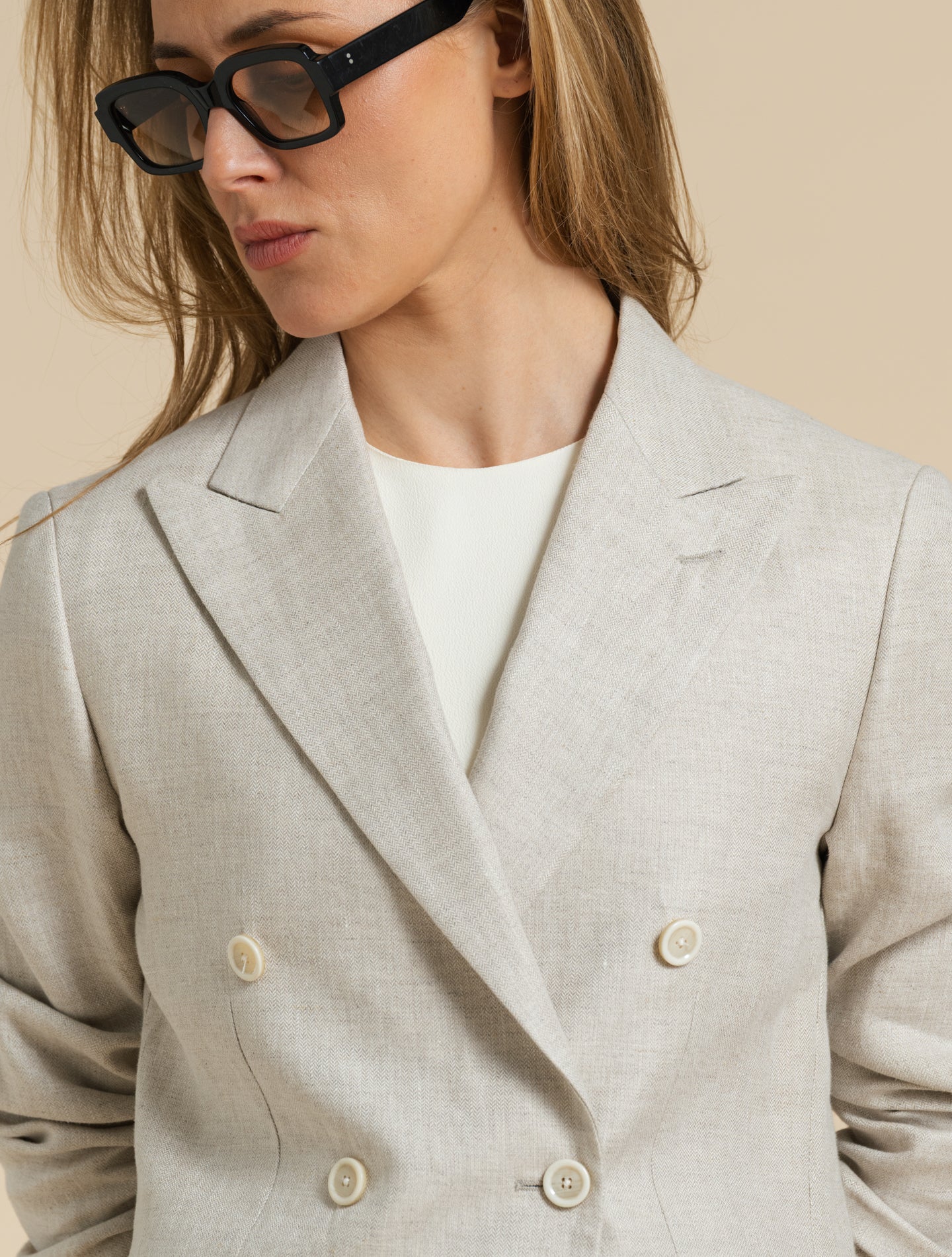 Double Breasted Linen Herringbone Jacket Sand