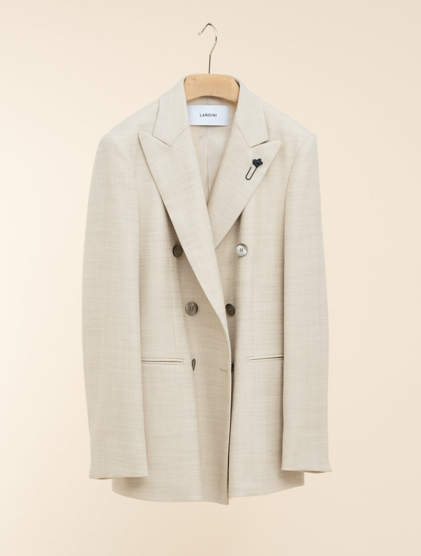 Double Breasted Wool Silk Herringbone Jacket Beige