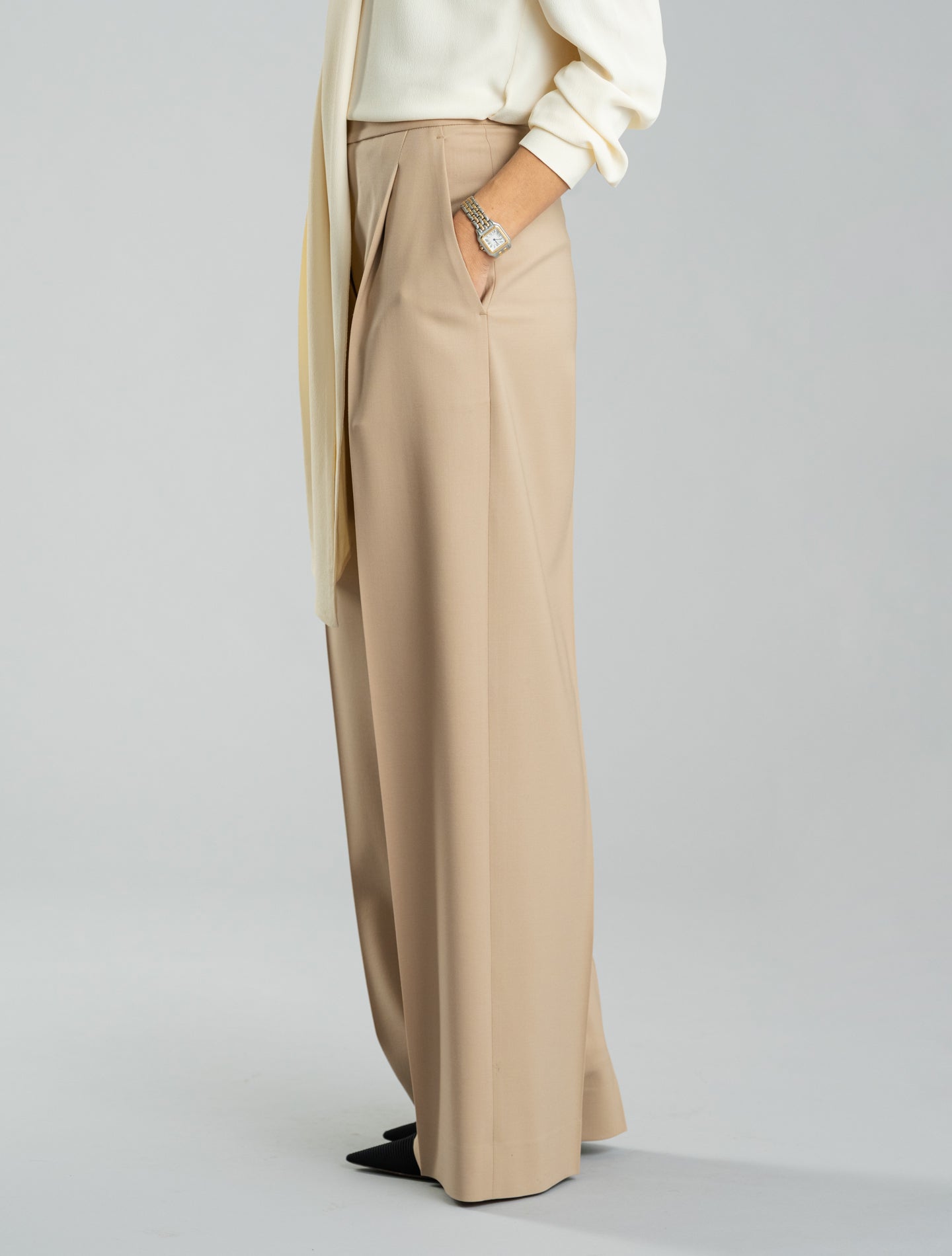 Wide Fit Wool Twill Trousers Beige