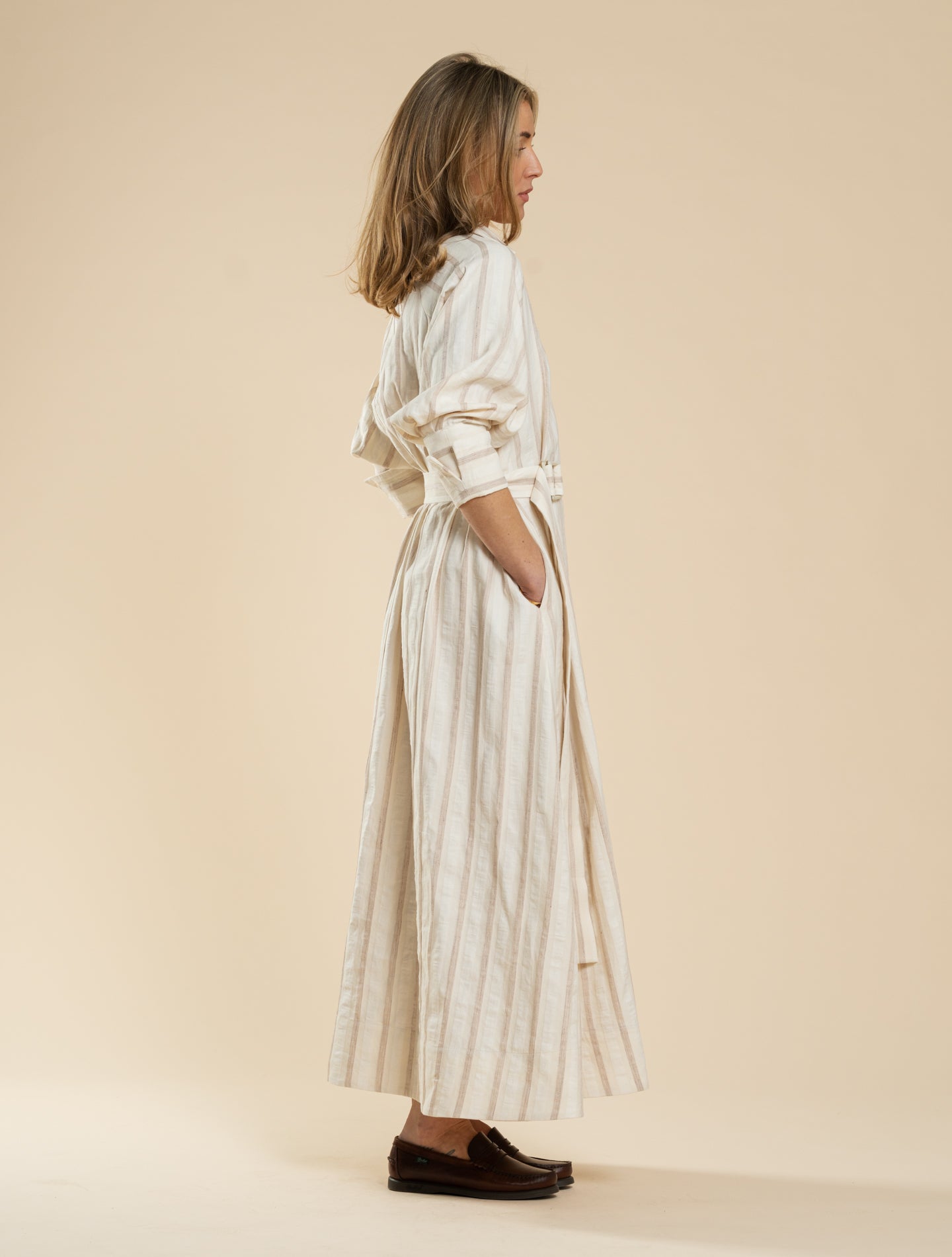 Striped Belted Cotton Linen Dress Beige