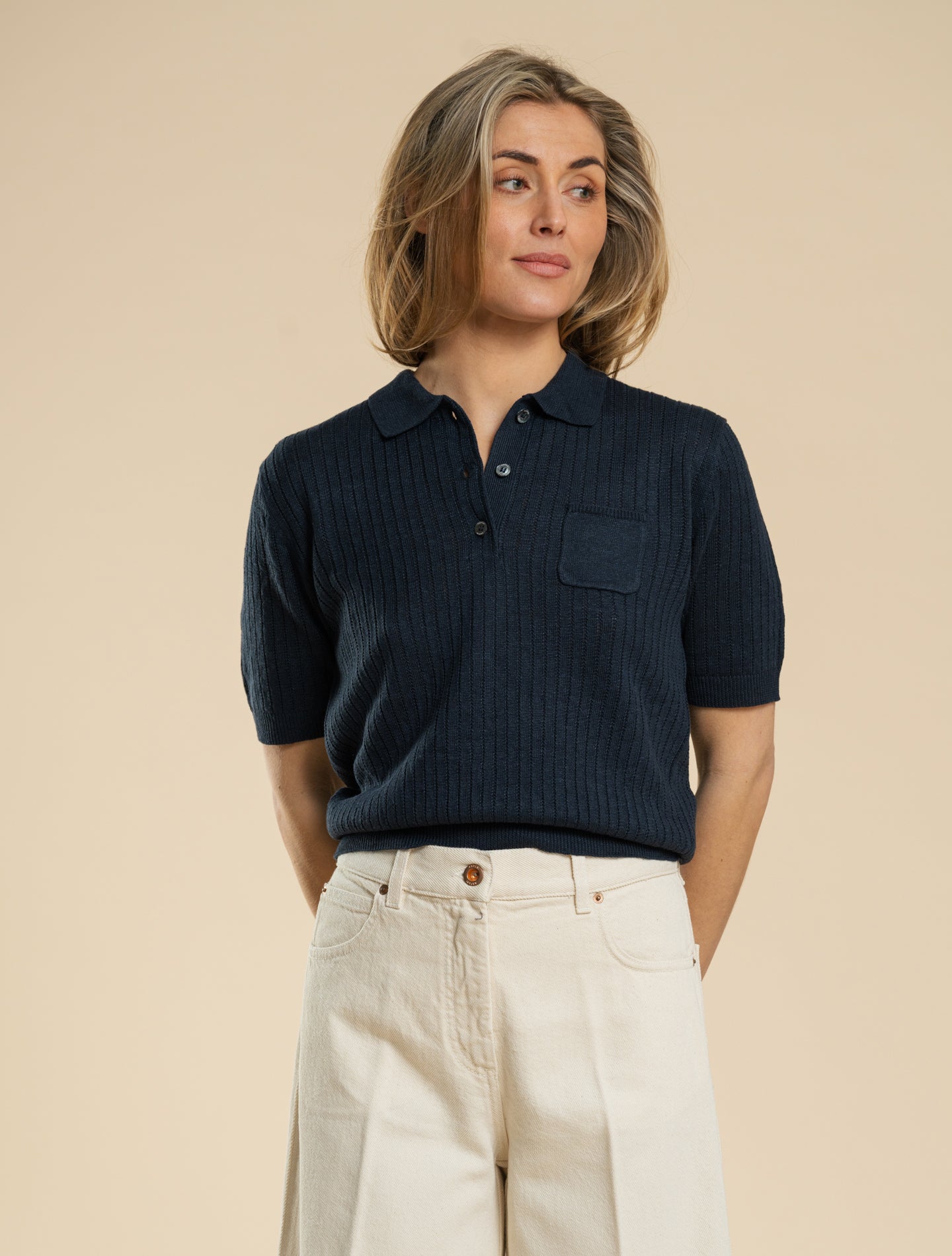 Short Sleeved Linen Polo Shirt Navy