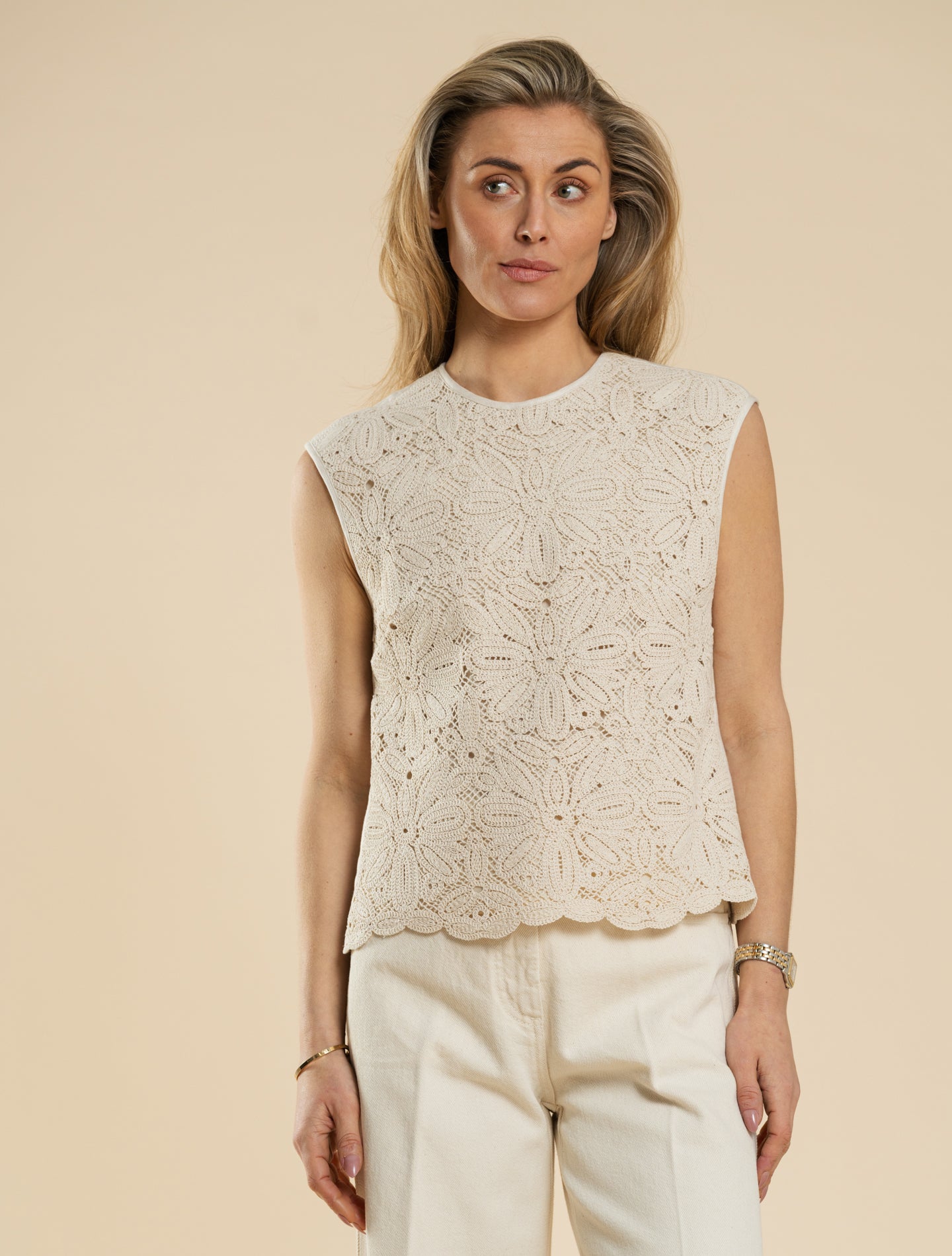 Edith Macrame Lace Top Light Beige
