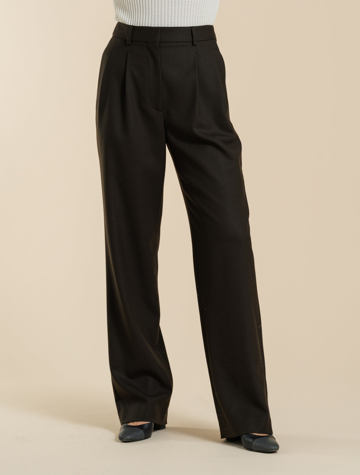 Wool Pleated Tailored Trousers Dark Brown