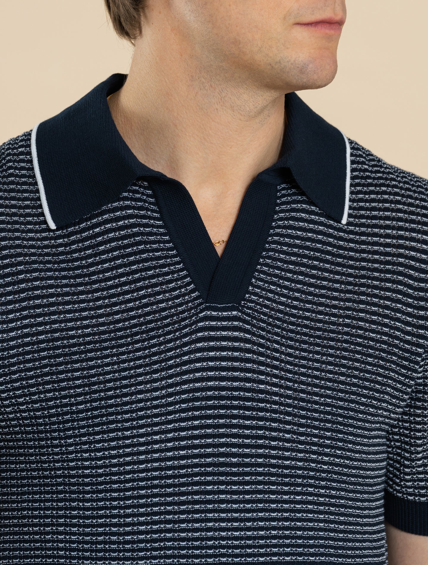 Striped Pattern Knit Polo Shirt Short Sleeve Navy