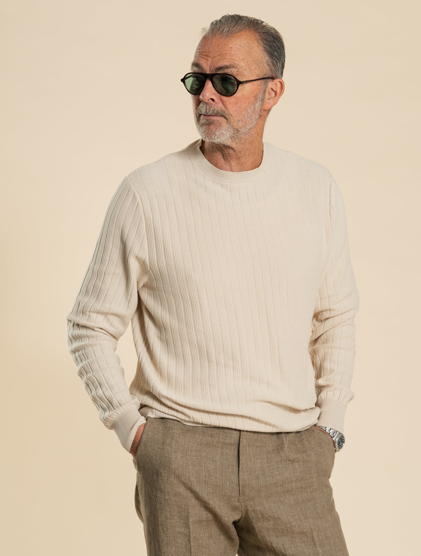 Rib-Knit Cotton Crewneck Sweater Sand