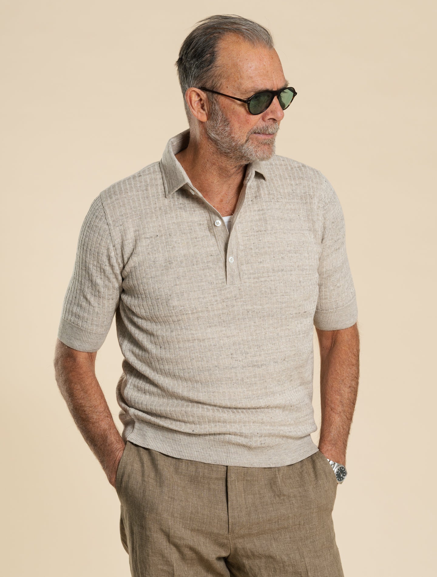 Rib-Knit Linen Cotton Polo Short Short Sleeve Beige