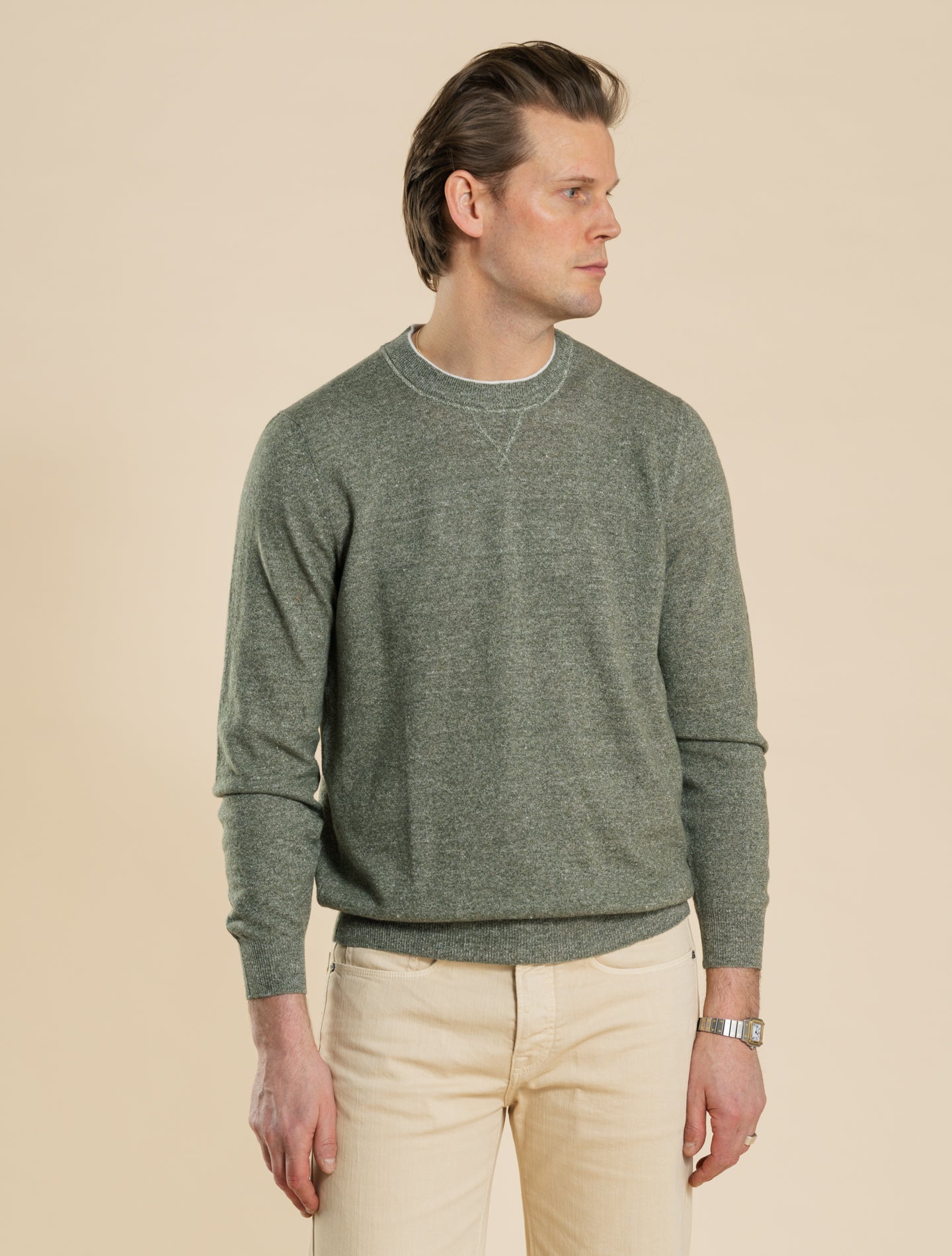 Rundhalsad Tröja Kashmir Linne Olivgrön