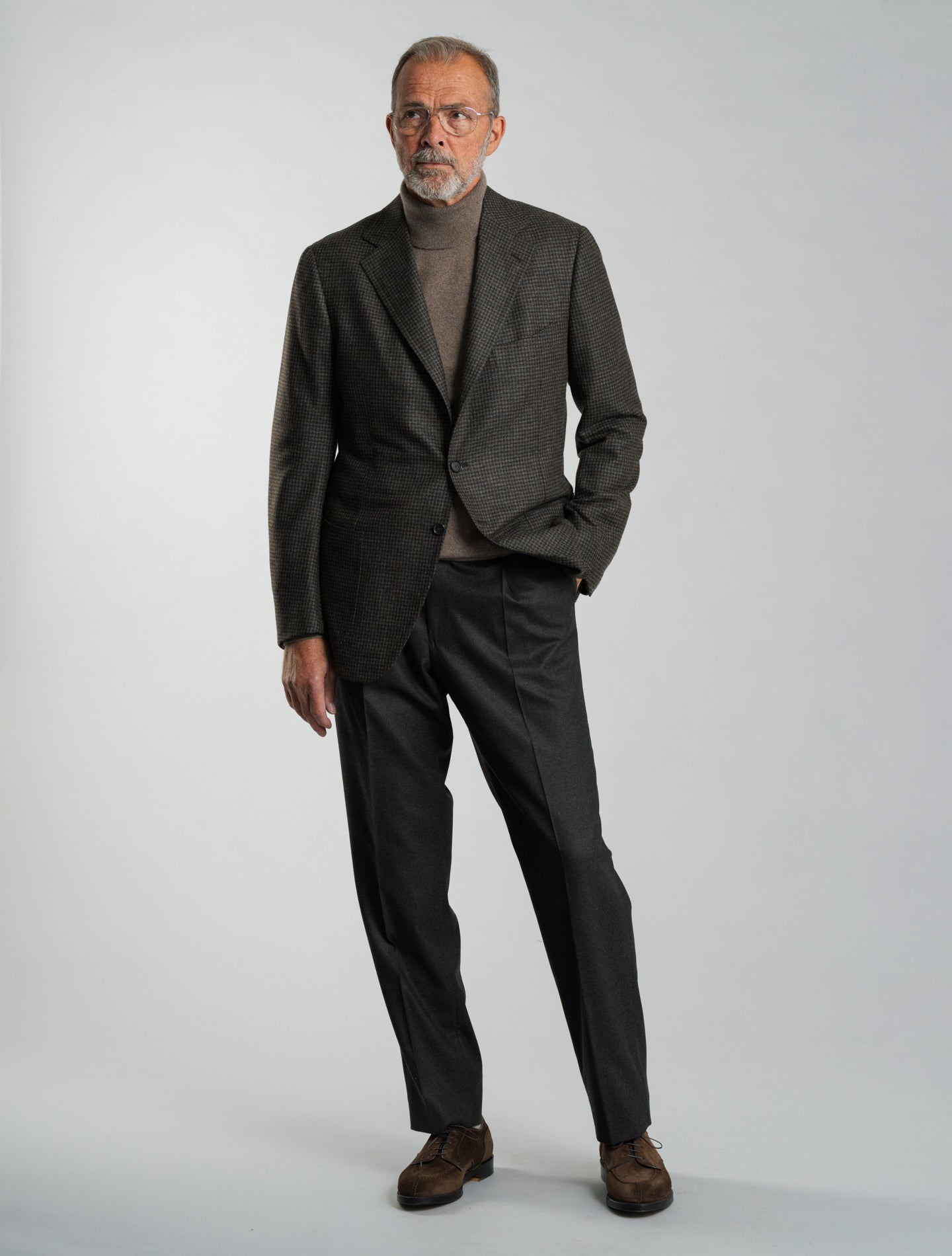 Handmade Single Breasted Houndstooth Cashmere Jacket Brown