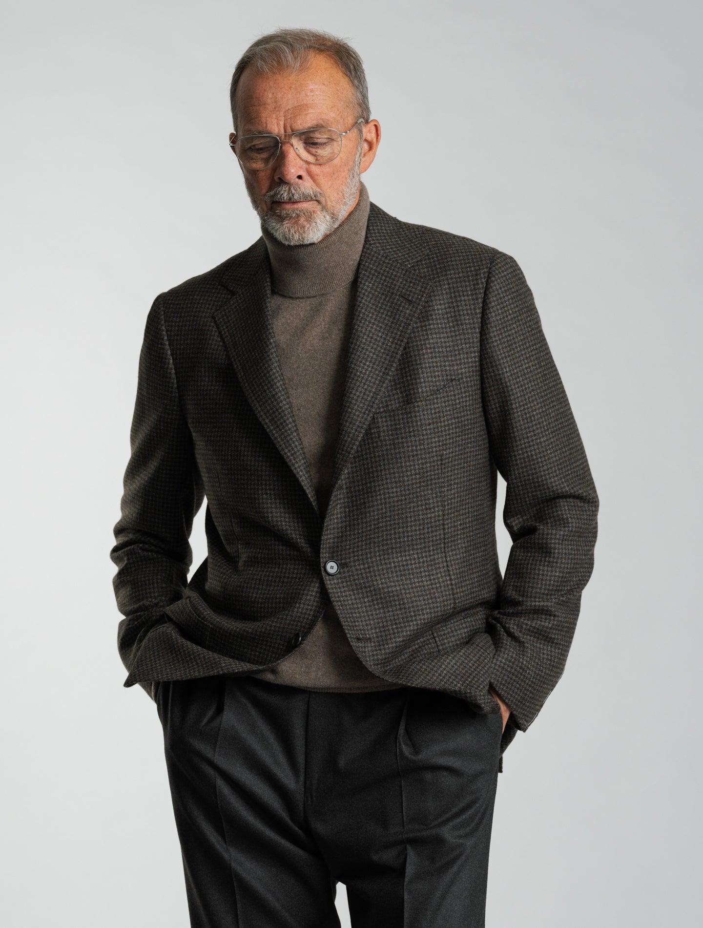 Handmade Single Breasted Houndstooth Cashmere Jacket Brown