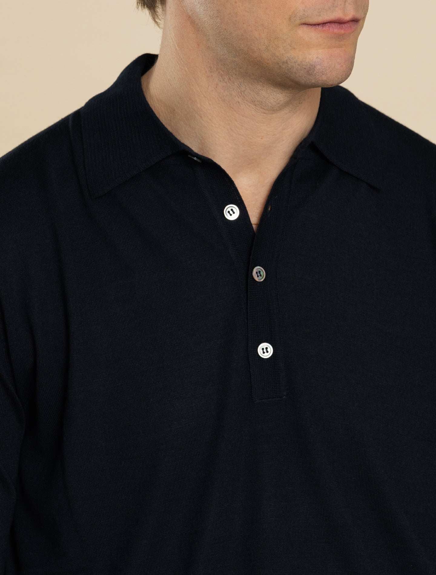 Wool Silk Polo Shirt Long Sleeve Navy