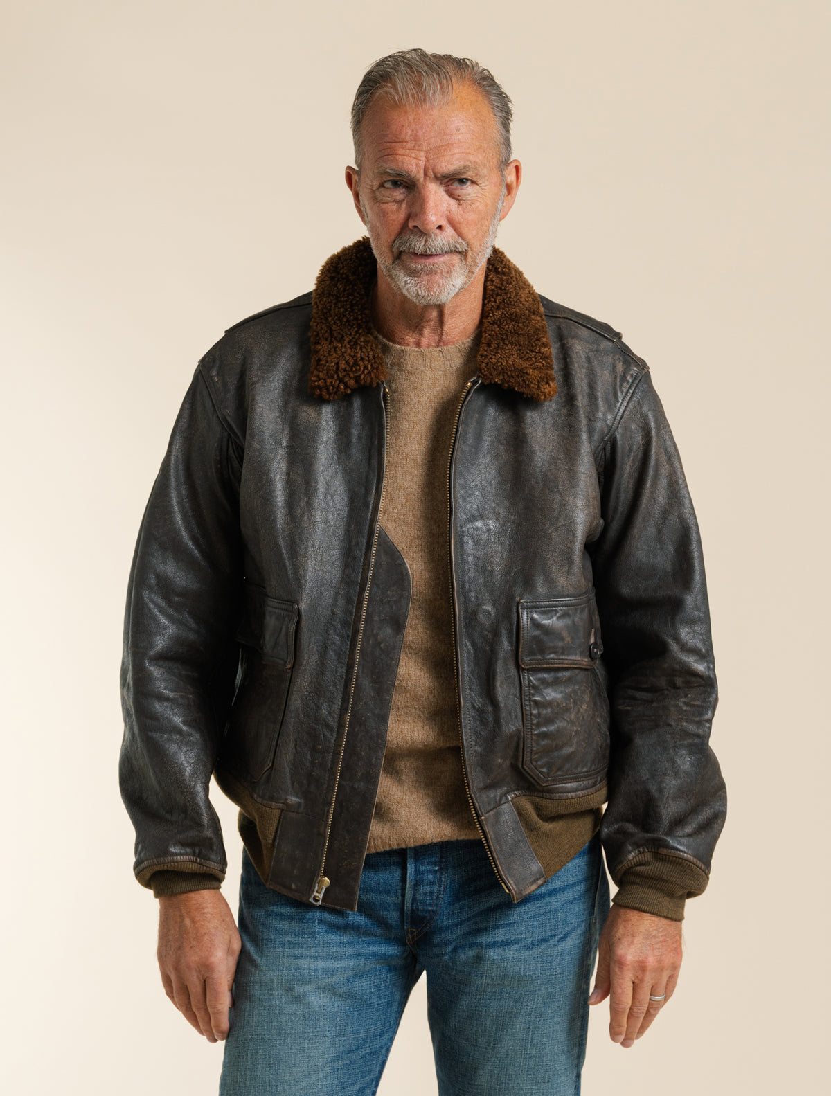 Lammfellkragen-Lederfliegerjacke Vintage Braun