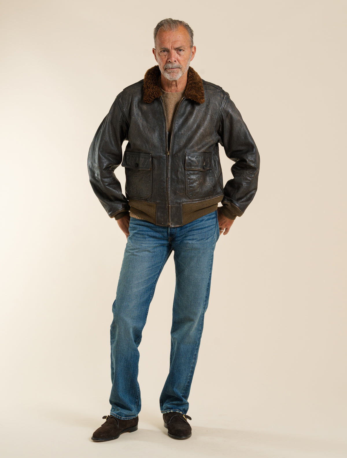 Lammfellkragen-Lederfliegerjacke Vintage Braun