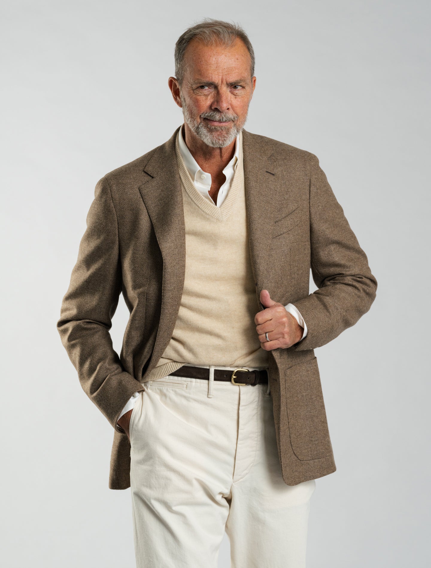 Single Breasted Herringbone Wool Cashmere Jacket Beige