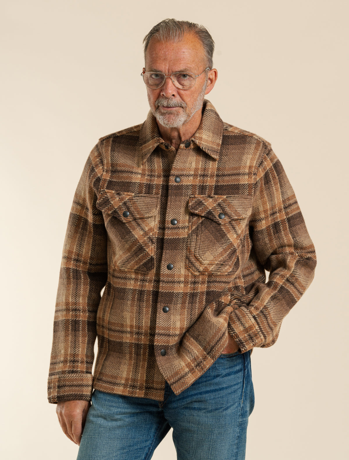 Plaid Wool Workshirt Jumper Tan/Rust Multi