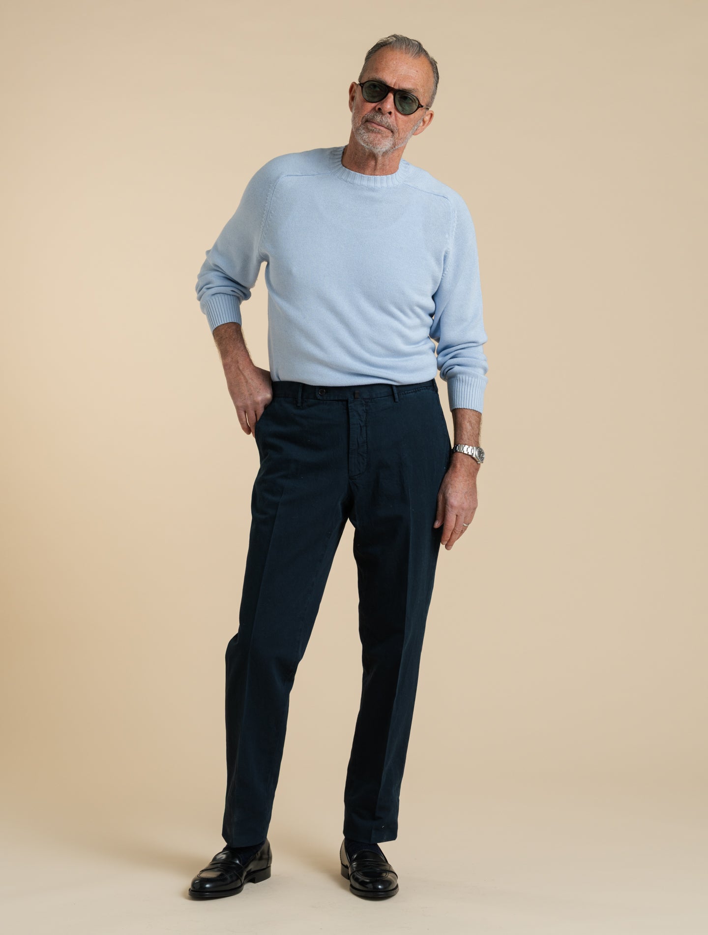 Cotton Cashmere Saddle Shoulder Crewneck Light Blue