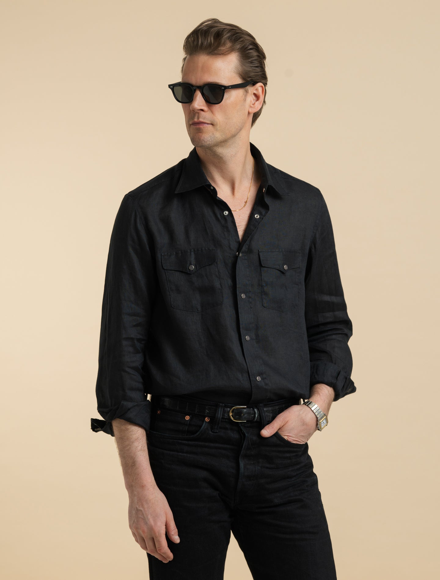 Linen Snap Button Shirt Black