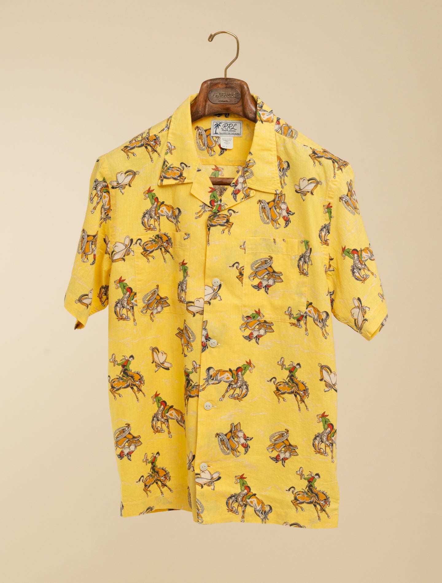 Western-Print Linen-Cotton Camp Shirt Yellow Multi