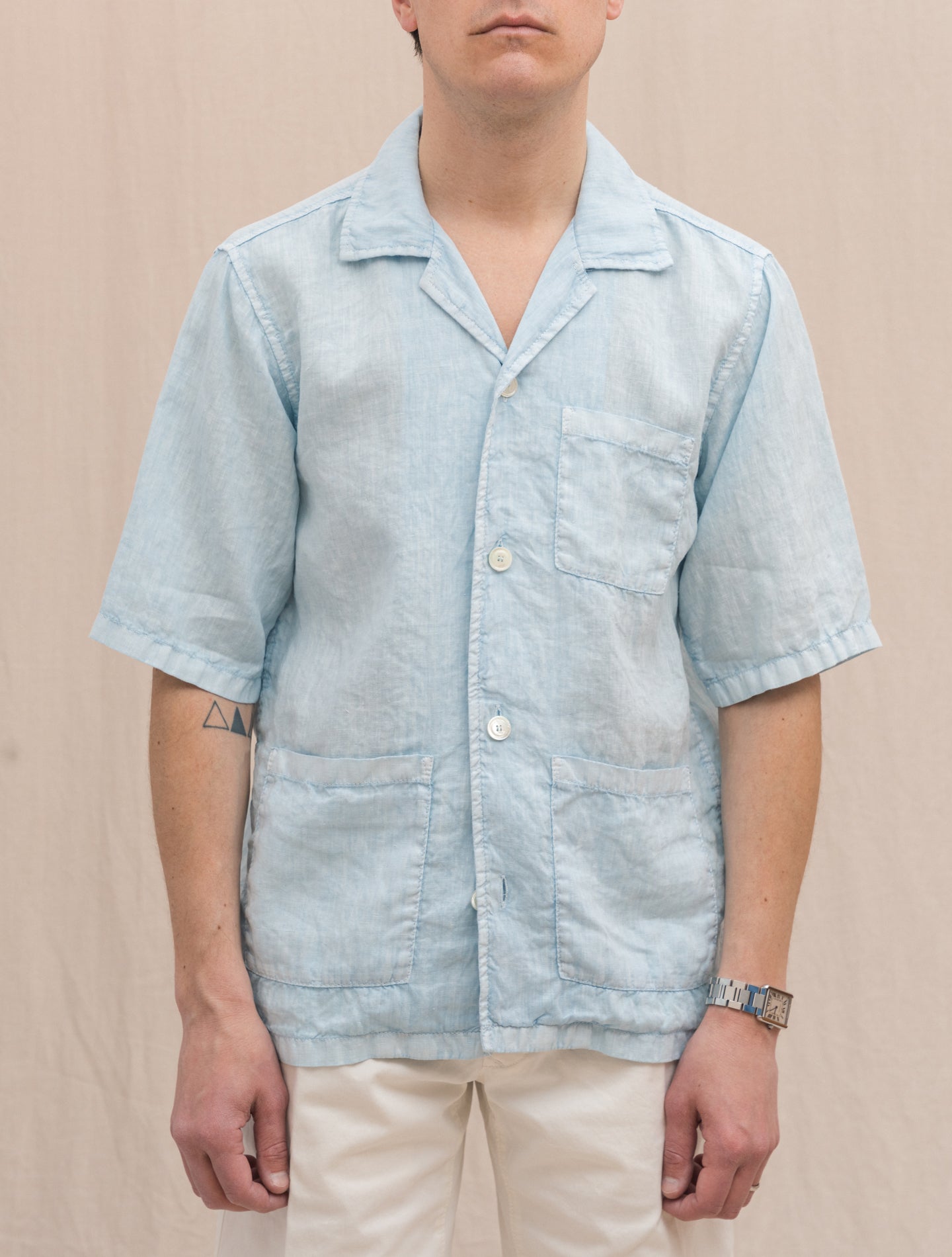 Ago Linen Bowling Shirt Sky Blue Aspesi Shirts XS