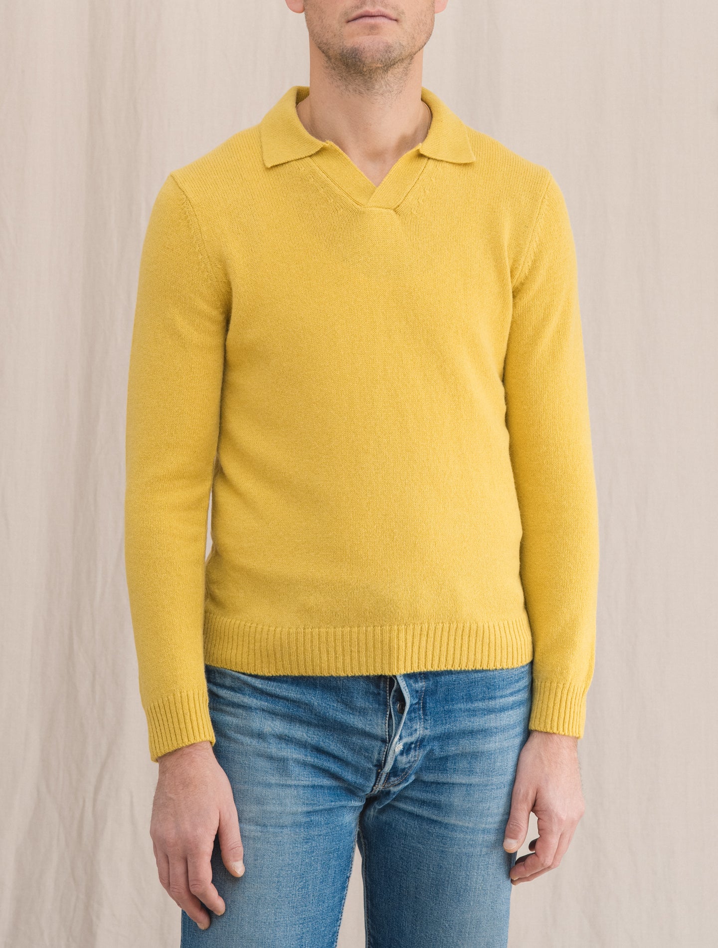 Alpaca Knitted V-neck Polo Shirt Mustard | Gabucci