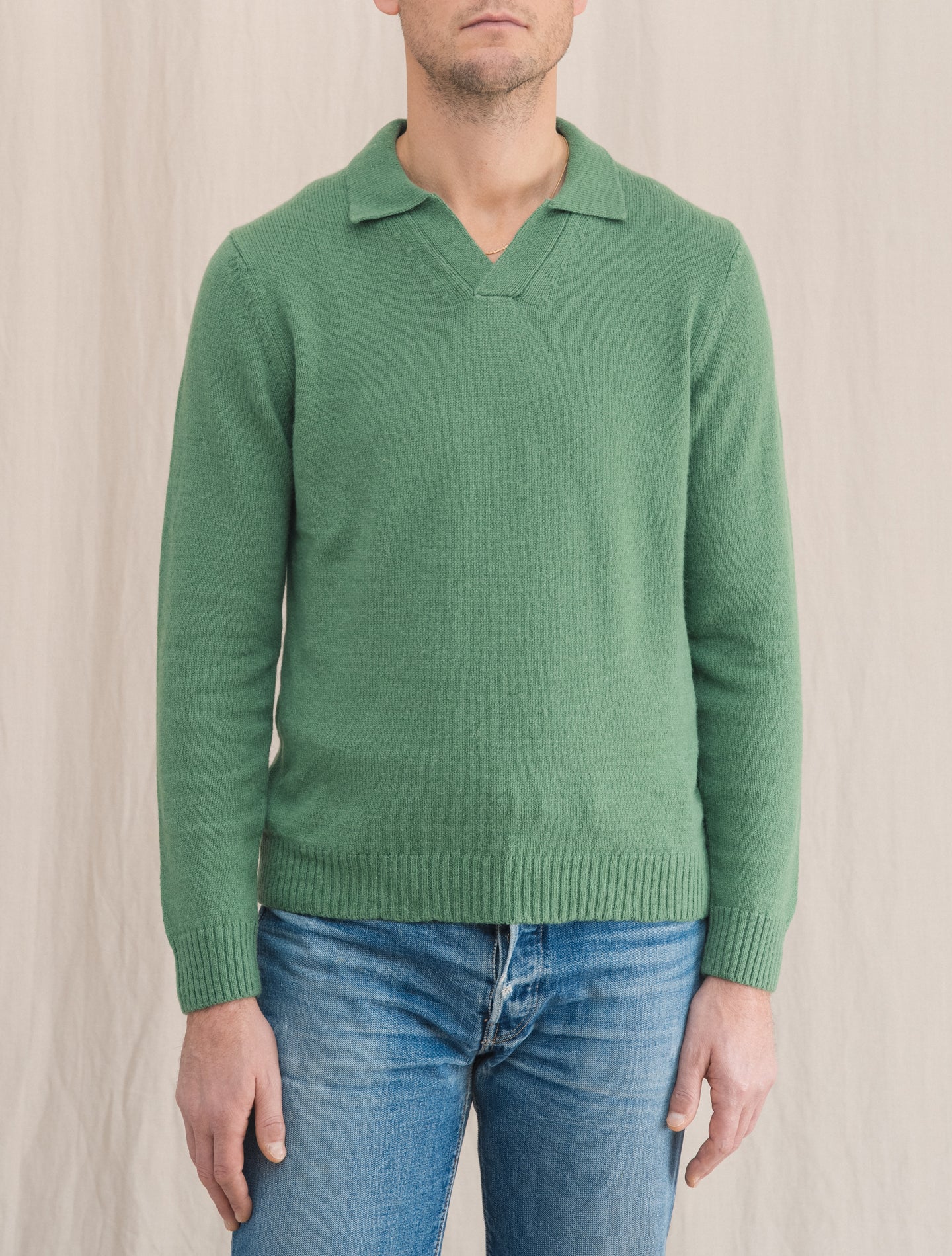 Alpaca Knitted V-neck Polo Shirt Salvia | Gabucci