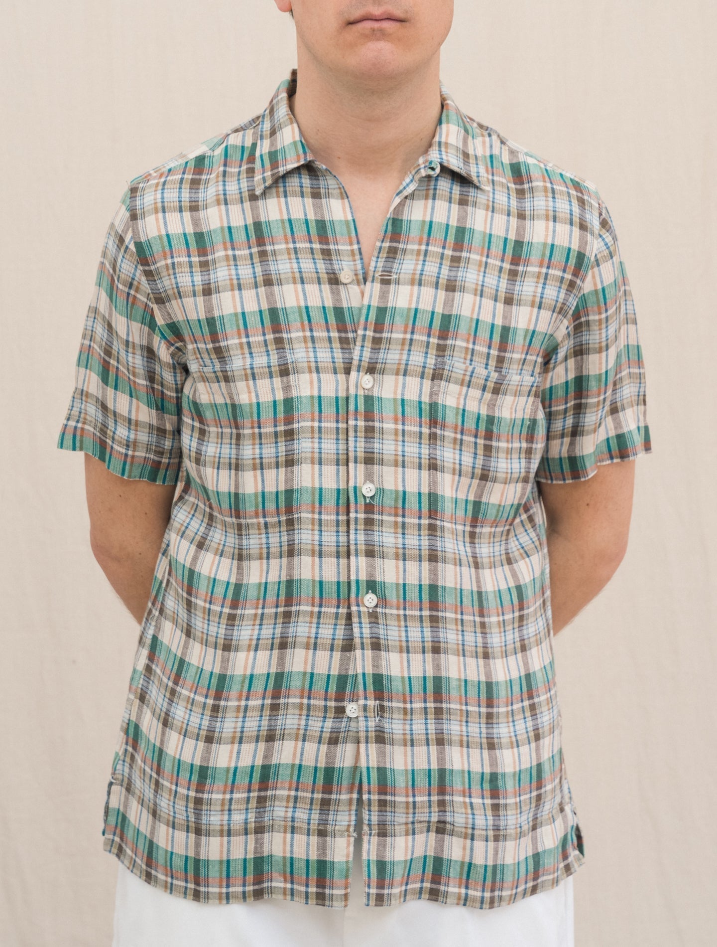 Baia Checked Linen Shirt Short Sleeve Beige Finamore Shirts S