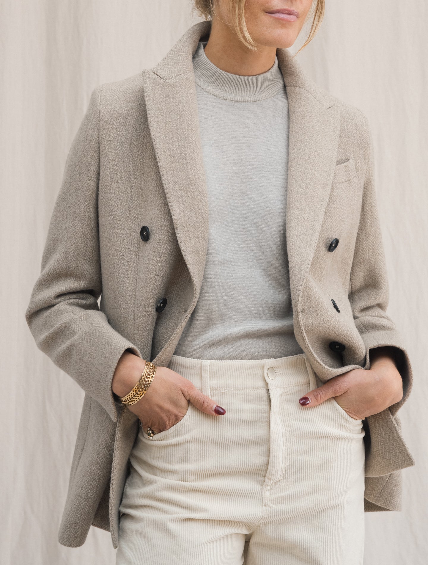 Beatrix Herringbone Double Breasted Jacket Beige | Gabucci