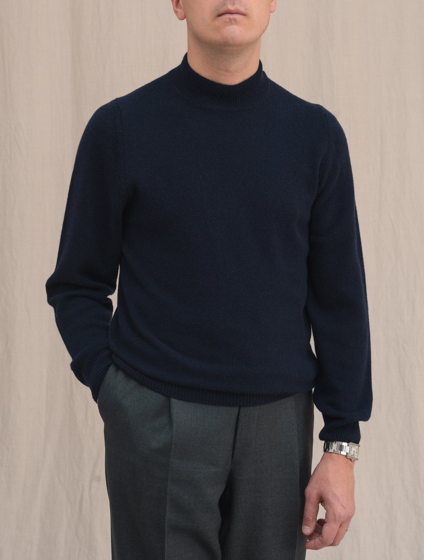 Cashmere Heavy Knitted Mock Neck Navy | Gabucci