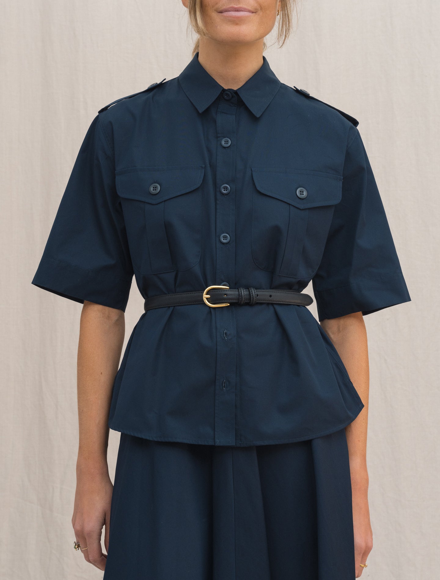 Cotton Poplin Utility Shirt Short Sleeve Navy Aspesi Shirts IT 38