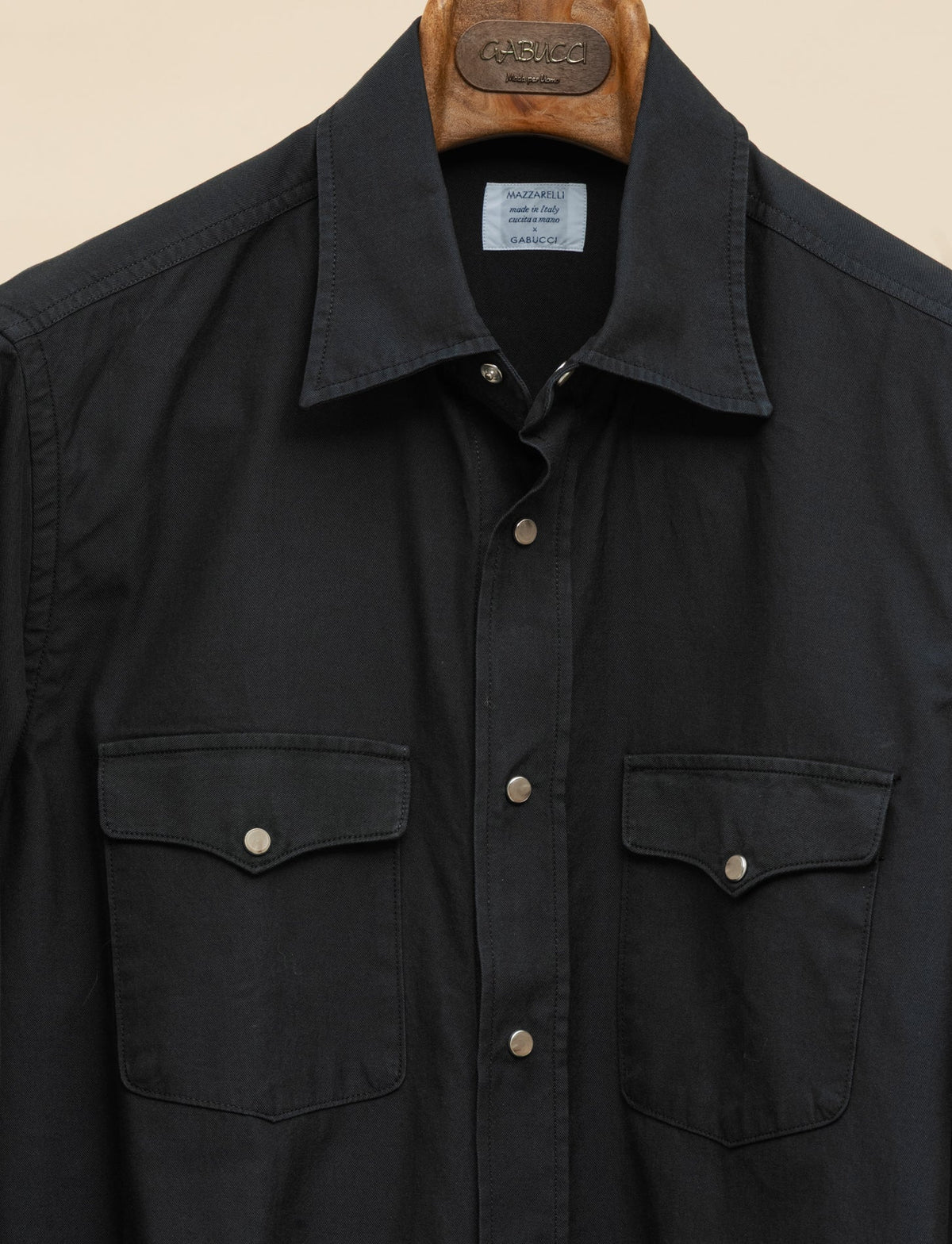 Cotton Twill Snap Button Shirt Black Mazzarelli Shirts 38