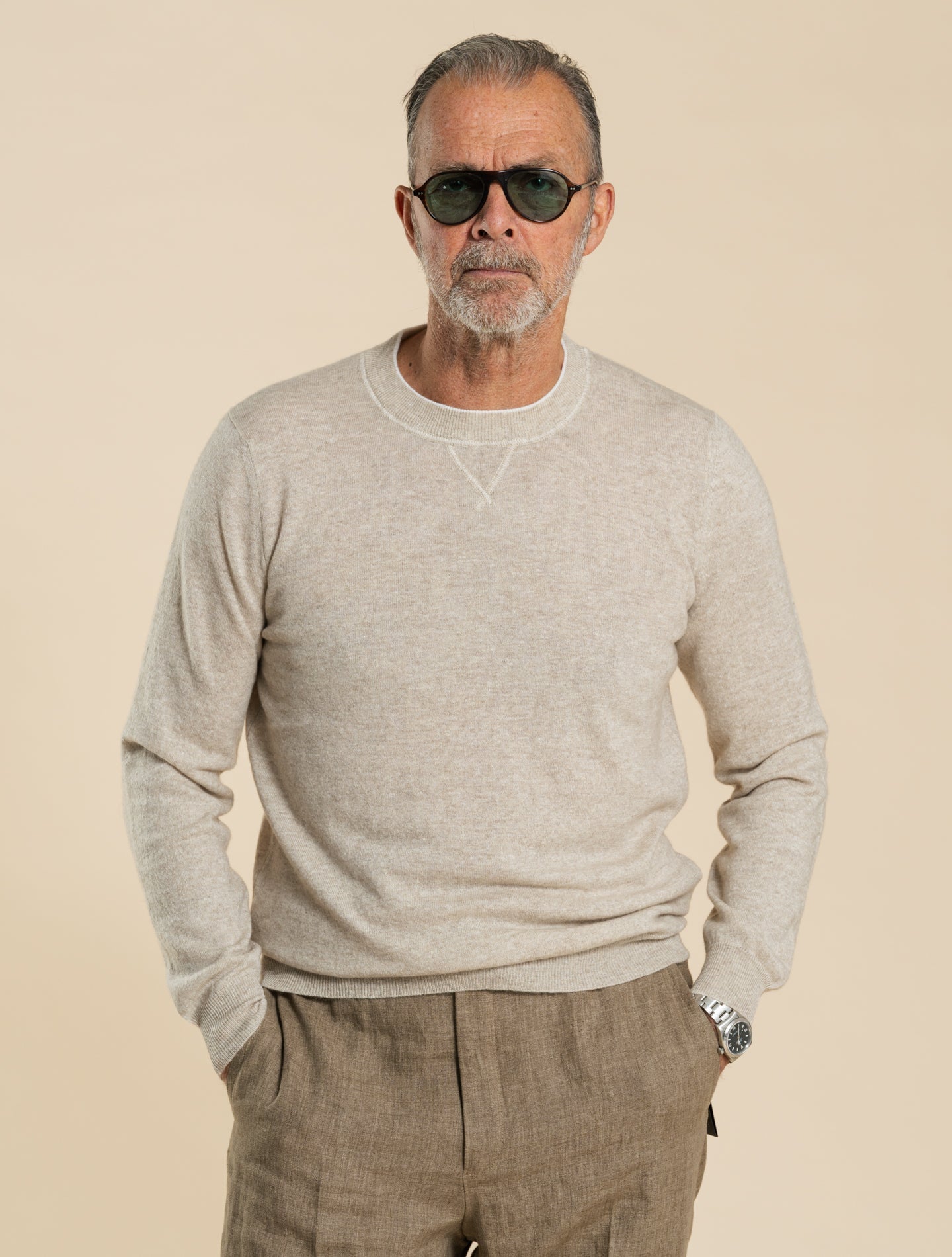 David Cashmere Linen Crewneck Sweater Beige Fedeli Knitwear S